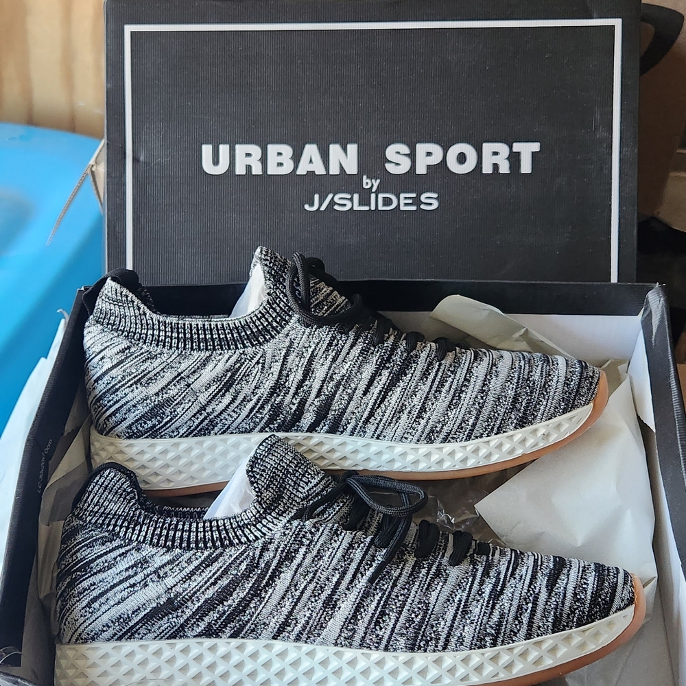 J Slides Black and White Knit Sneakers